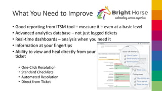 What You Need to Improve
• Good reporting from ITSM tool – measure it – even at a basic level
• Advanced analytics databas...