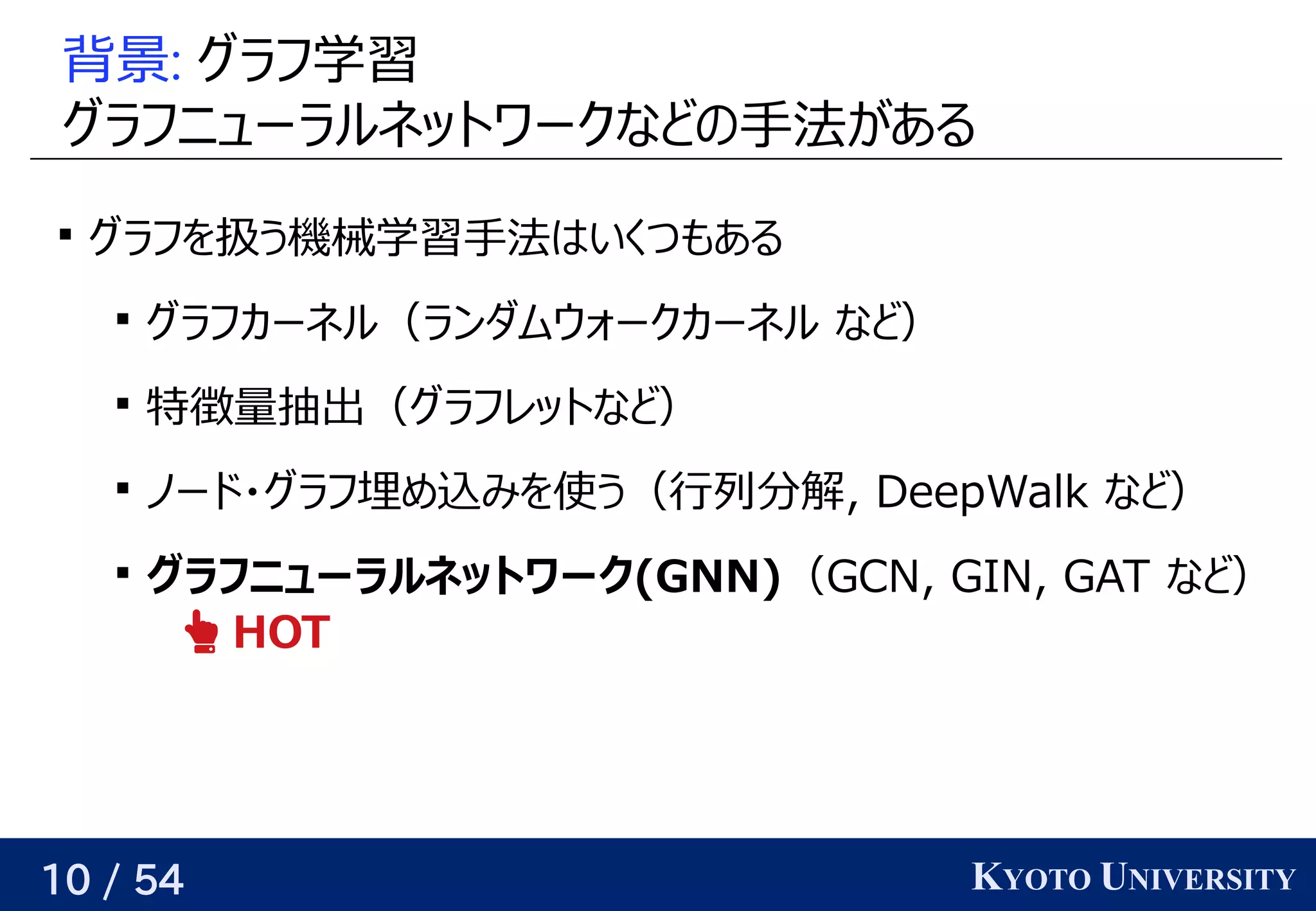 10 / 54 KYOTO UNIVERSITY
背景: グラフ学習学習データ                                         が与えられるので、
グラフ学習ニューラルネットワークなどの予定手法があるが与えられるので、関係を見つけるある

グラフ学習を見つける扱うときは頂点ごとに何か予測してう機械学習データ                                         が与えられるので、手法があるはベクトルいくつも任意の精度である

グラフ学習カーネル（ランダムウォークカーネル など）

特徴量抽出（グラフ学習レットなど）

ノードの時を考える・グラフ学習埋め込みを使う（行列分解め込みを使う（行列分解みを見つける使う う（行列分に増やせば、どんな関数でも任意の精度で解ける, DeepWalk など）

グラフニューラルネットワークとグラフ組合せ問題(GNN)GNN)（GCN, GIN, GAT など）
 HOT
 