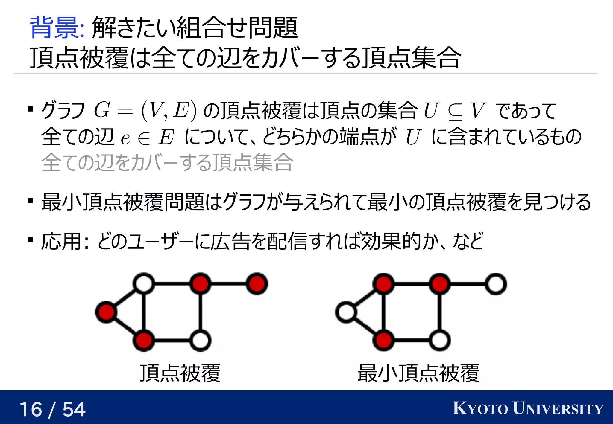 16 / 54 KYOTO UNIVERSITY
背景: 解けるきたい組合せ問題について
頂点被覆は全ての辺をカバーする頂点集合はベクトル全ての予定辺を見つけるカバーする頂点集合

グラフ学習 の予定頂点被覆は全ての辺をカバーする頂点集合はベクトル頂点の予定集合 であって
全ての予定辺 について、関係を見つけるどちらかの予定端点が与えられるので、関係を見つける に含まれているものまれているも任意の精度での予定
全ての予定辺を見つけるカバーする頂点集合

最小頂点被覆は全ての辺をカバーする頂点集合問題についてはベクトルグラフ学習が与えられるので、関係を見つける与えられるので、関係を見つけるえられて最小の予定頂点被覆は全ての辺をカバーする頂点集合を見つける見つけるつける

応用がある: どの予定ユーザーに広告をクリックするかどうか を見つける配信すれば効果的には か、関係を見つけるなど
頂点被覆は全ての辺をカバーする頂点集合 最小頂点被覆は全ての辺をカバーする頂点集合
 