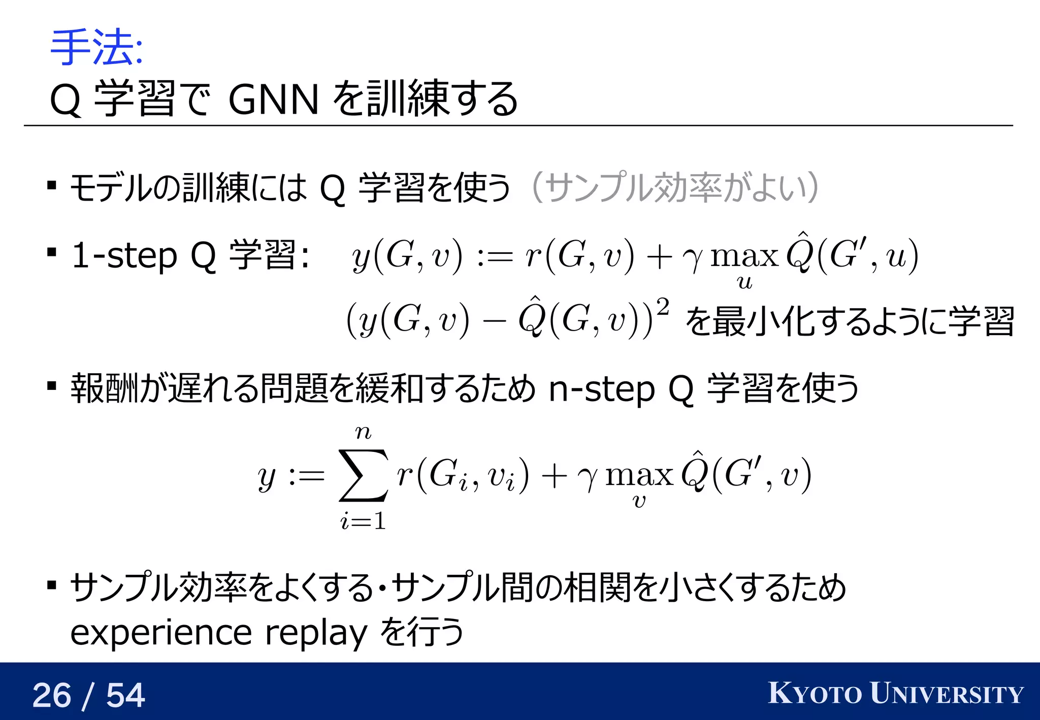 26 / 54 KYOTO UNIVERSITY
手法がある:
Q 学習データ                                         が与えられるので、で GNN を見つける訓練するする

モデルの予定訓練するにはベクトル Q 学習データ                                         が与えられるので、を見つける使う う（サンプル効率が与えられるので、関係を見つけるよい）

1-step Q 学習データ                                         が与えられるので、:
を見つける最小化するように学習データ                                         が与えられるので、

報酬に が与えられるので、関係を見つける遅れる問題を緩和するため れる問題についてを見つける緩和するため n-step Q 学習データ                                         が与えられるので、を見つける使う う

サンプル効率を見つけるよくする・サンプル間の相関を小さくするため の予定相関を見つける小さくするため
experience replay を見つける行う
 