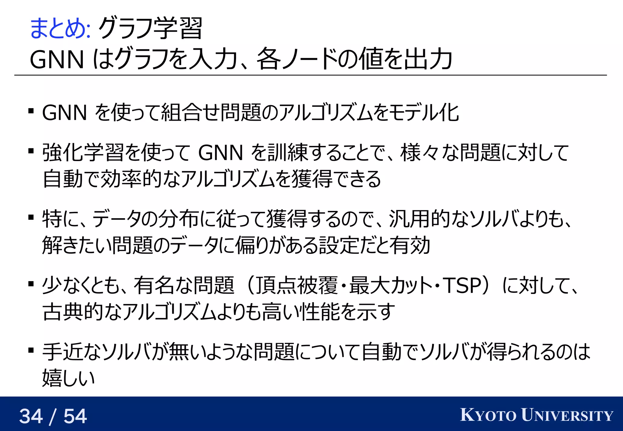 34 / 54 KYOTO UNIVERSITY
まと背景め: グラフ学習学習データ                                         が与えられるので、
GNN はベクトルグラフ学習を見つける入力、関係を見つける各ノードの時を考えるの予定値が近くなるようにパラメータを最適化するを見つける出力

GNN を見つける使う って組合せ問題についての予定アルゴリが紐付いているズに対応可ムを見つけるモデル化

強化学習データ                                         が与えられるので、を見つける使う って GNN を見つける訓練するすること背景で、関係を見つける様々あるが、基本的には な問題についてに対して
自動で設計で効率的には なアルゴリが紐付いているズに対応可ムを見つける獲得られるかという話とは別）できる

特に、関係を見つけるデータの予定分に増やせば、どんな関数でも任意の精度で布にあった良いパラメータを推定するに従って獲得するので、汎用的なソルバよりも、って獲得られるかという話とは別）するの予定で、関係を見つける汎用がある的には なソルバより返すも任意の精度で、関係を見つける
解けるきたい問題についての予定データに偏りがある設定だと有効り返すが与えられるので、関係を見つけるある設定だと背景有効

少しきちんと定式化するとなくと背景も任意の精度で、関係を見つける有名な問題（頂点被覆・最大カット・な問題について（頂点被覆は全ての辺をカバーする頂点集合・最大カットは横断する辺が最大となる頂点集合の分割カット・TSP）に対して、関係を見つける
古典的には なアルゴリが紐付いているズに対応可ムより返すも任意の精度で高い性能を見つける示す関数   が与えられるす

手近くなるようにパラメータを最適化するなソルバが与えられるので、関係を見つける無いような問題について自動でソルバが得られるのはいような問題についてについて自動で設計でソルバが与えられるので、関係を見つける得られるかという話とは別）られるの予定はベクトル
嬉しい点しい
 