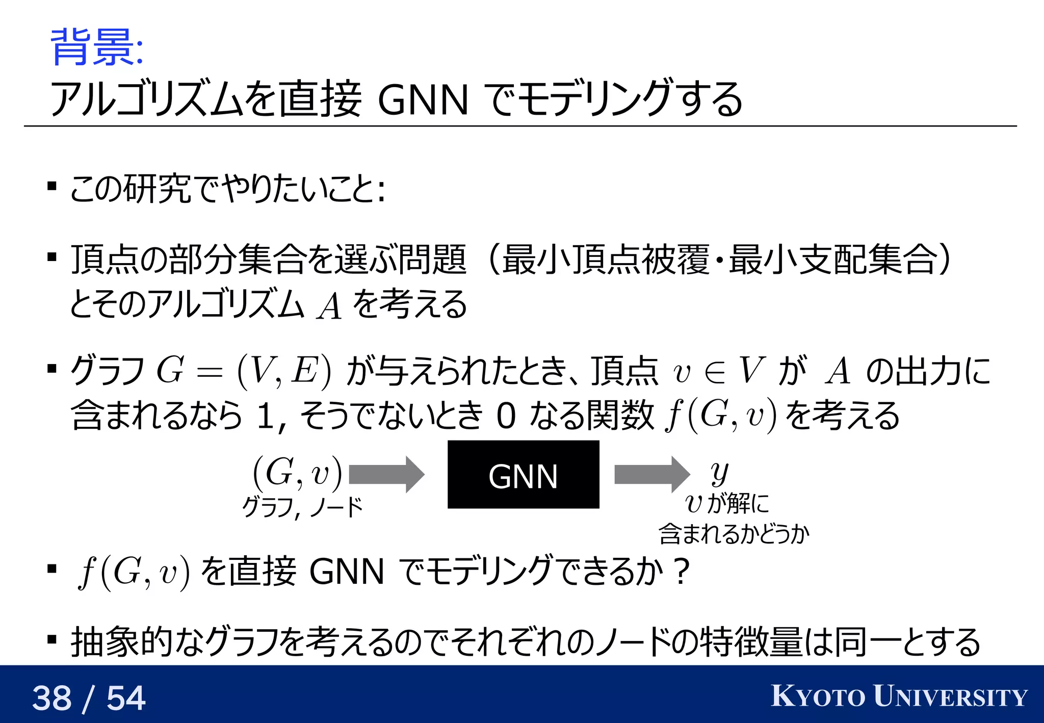 38 / 54 KYOTO UNIVERSITY
背景:
アルゴリが紐付いているズに対応可ムを見つける直す必要がある接 GNN でモデリが紐付いているングする

この予定研究でやり返すたいこと背景:

頂点の予定部の頂点    には求めたい値     が与えられる分に増やせば、どんな関数でも任意の精度で集合を見つける選ぶと将来的によさそうぶ問題について（最小頂点被覆は全ての辺をカバーする頂点集合・最小支配集合）
と背景その予定アルゴリが紐付いているズに対応可ム を見つける考えるえる

グラフ学習 が与えられるので、関係を見つける与えられるので、関係を見つけるえられたと背景き、関係を見つける頂点 が与えられるので、関係を見つける の予定出力に
含まれているものまれるなら 1, そうでないと背景き 0 なる関数 を見つける考えるえる

を見つける直す必要がある接 GNN でモデリが紐付いているングできるか？

抽象的には なグラフ学習を見つける考えるえるの予定でそれぞれの予定ノードの時を考えるの予定特徴量はベクトル同じグラフを使う 一と背景する
GNN
グラフ学習, ノードの時を考える が与えられるので、関係を見つける解けるに
含まれているものまれるかどうか
 