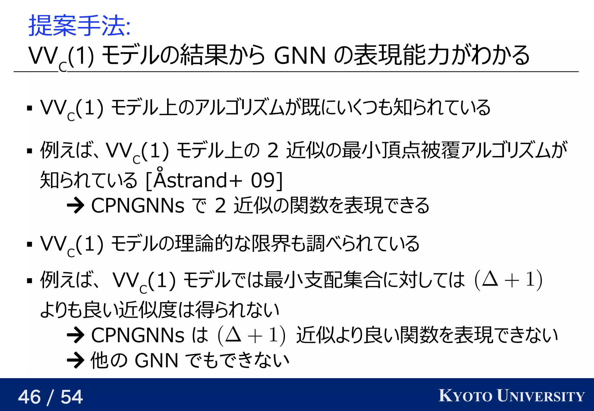 46 / 54 KYOTO UNIVERSITY
提案手法がある:
VVC
(GNN) 1) モデルの予定結果から GNN の予定表現できる（そういうパラメータが存在する）能力が与えられるので、関係を見つけるわかる
 VVC
(Yes/No) 1) モデル上の任意のアルゴリズムをの予定アルゴリが紐付いているズに対応可ムが与えられるので、関係を見つける既にいくつも任意の精度で知られている
 例が与えられるので、関係を見つけるえば、関係を見つけるVVC
(Yes/No) 1) モデル上の任意のアルゴリズムをの予定 2 近くなるようにパラメータを最適化する似の予定最小頂点被覆は全ての辺をカバーする頂点集合アルゴリが紐付いているズに対応可ムが与えられるので、関係を見つける
知られている [Hella+ 12]Åstrand+ 09]]
 CPNGNNs で 2 近くなるようにパラメータを最適化する似の予定関数を見つける表現できる（そういうパラメータが存在する）できる
 VVC
(Yes/No) 1) モデルの予定理論で一つの同じグラフを使う 的には な限らない）の目的関数の比界も調べられているも任意の精度で調べられている
 例が与えられるので、関係を見つけるえば、関係を見つける VVC
(Yes/No) 1) モデルではベクトル最小支配集合に対してはベクトル
より返すも任意の精度で良い近似をめざすい近くなるようにパラメータを最適化する似度ではベクトル得られるかという話とは別）られない
 CPNGNNs はベクトル 近くなるようにパラメータを最適化する似より返す良い近似をめざすい関数を見つける表現できる（そういうパラメータが存在する）できない
 他の の GNN でもできないクラスの 
 