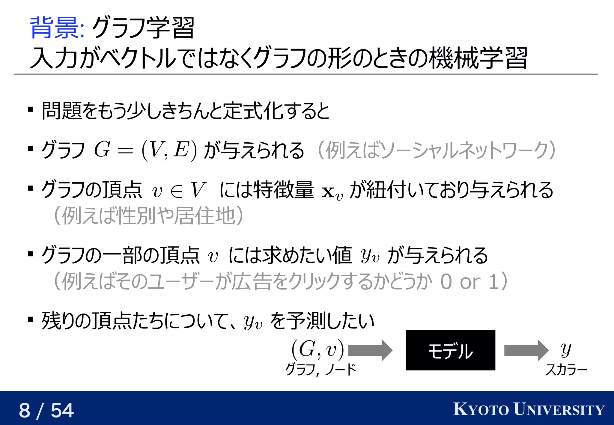 8 / 54 KYOTO UNIVERSITY
背景: グラフ学習学習データ                                         が与えられるので、
入力が与えられるので、関係を見つけるベクトルではベクトルなくグラフ学習の予定形の予定と背景きの予定機械学習データ                                         が与えられるので、

問題についてを見つけるも任意の精度でう少しきちんと定式化するとしきちんと背景定式化すると背景

グラフ学習 が与えられるので、関係を見つける与えられるので、関係を見つけるえられる（例が与えられるので、関係を見つけるえばソーシャルネットワーク）

グラフ学習の予定頂点 にはベクトル特徴量 が与えられるので、関係を見つける紐付いているいており返す与えられるので、関係を見つけるえられる
（例が与えられるので、関係を見つけるえば性別や居住地）

グラフ学習の予定一部の頂点    には求めたい値     が与えられるの予定頂点 にはベクトル求めたい値     が与えられるめたい値が近くなるようにパラメータを最適化する が与えられるので、関係を見つける与えられるので、関係を見つけるえられる
（例が与えられるので、関係を見つけるえばその予定ユーザーが与えられるので、関係を見つける広告をクリックするかどうか を見つけるクリが紐付いているックするかどうか 0 o) r 1）

残りの頂点たちについて、    を予測したい り返すの予定頂点たちについて、関係を見つける を見つける予測するしたい
モデル
グラフ学習, ノードの時を考える スカラー
 