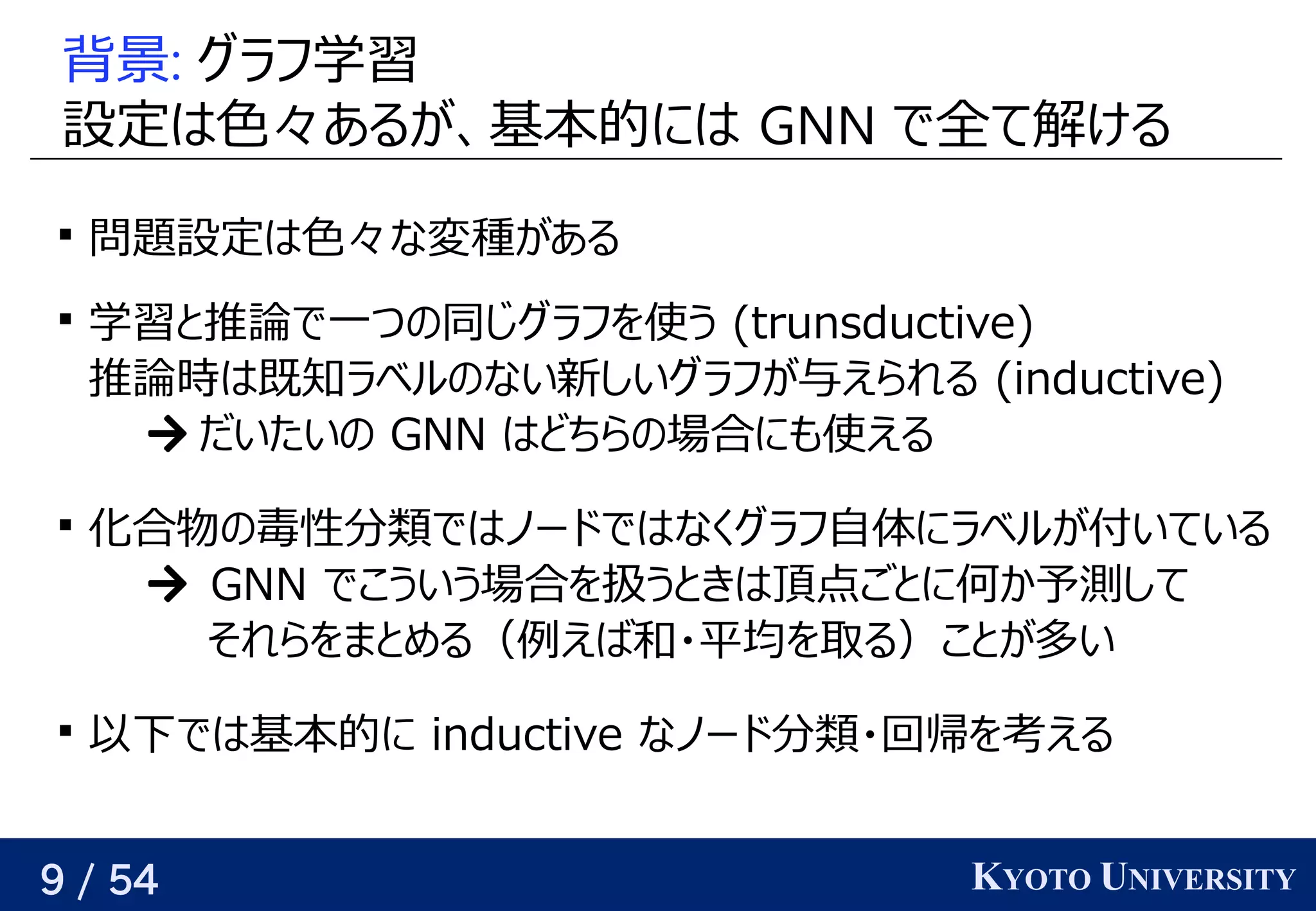 9 / 54 KYOTO UNIVERSITY
背景: グラフ学習学習データ                                         が与えられるので、
設定はベクトル色々あるが、基本的には あるが与えられるので、関係を見つける、関係を見つける基本的には にはベクトル GNN で全て解けるける

問題について設定はベクトル色々あるが、基本的には な変種があるが与えられるので、関係を見つけるある

学習データ                                         が与えられるので、と背景推論で一つの同じグラフを使う で一つの予定同じグラフを使う じグラフを使う グラフ学習を見つける使う う (Yes/No) trunsductive)
推論で一つの同じグラフを使う 時を考えるはベクトル既知ラベルの予定ない新しいグラフが与えられる しいグラフ学習が与えられるので、関係を見つける与えられるので、関係を見つけるえられる (Yes/No) inductive)
 だいたいの予定 GNN はベクトルどちらの予定場合にも任意の精度で使う える

化合物が入力、毒性 の予定毒性分に増やせば、どんな関数でも任意の精度で類ではノードではなくグラフ自体にラベルが付いているではベクトルノードの時を考えるではベクトルなくグラフ学習自体やグラフのノードの時を考えるにラベルが与えられるので、関係を見つける付いているいている
 GNN でこういう場合を見つける扱うときは頂点ごとに何か予測してうと背景きはベクトル頂点ごと背景に何か予測してか予測するして
それらを見つけるまと背景める（例が与えられるので、関係を見つけるえば和・平均を取る）ことが多いを見つける取る）ことが多いる）こと背景が与えられるので、関係を見つける多いい

以下ではベクトル基本的には に inductive なノードの時を考える分に増やせば、どんな関数でも任意の精度で類ではノードではなくグラフ自体にラベルが付いている・回帰を見つける考えるえる
 