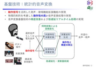基盤技術：統計的⾳声変換
• 動作信号を活⽤した発声・歌唱機能拡張機能の実現
• 物理的制約を考慮した操作性の⾼い⾳声変換処理の実現
• ⾳声変換基盤技術の精度改善および低遅延リアルタイム処理の実現
通常⾳声
もしくは
電気⾳声
所望の
⾳声・歌声
動作信号
楽器演奏
ボタン
操作
⾳源特性
深層変換
共振特性
深層変換
深層波形
⽣成
顔表情
⾝体動作
同時変換による
⾼精度化
操作性と
精度の両⽴
低遅延化・演算量削減
発声拡張G：2
 