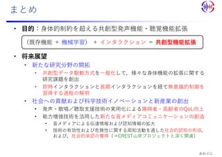 まとめ
• ⽬的：⾝体的制約を超える共創型発声機能・聴覚機能拡張
• 将来展望
• 新たな研究分野の開拓
• 共創型データ駆動⽅式を⼀般化して，様々な⾝体機能の拡張に関する
研究課題を創出
• 即時インタラクションと⻑期インタラクションを経て無意識的制御を
習得する過程の解明
• 社会への貢献および科学技術イノベーションと新産業の創出
• 発声・歌唱／聴取⽀援技術の実⽤化による障碍者・⾼齢者のQoL向上
• 能⼒増強技術を活⽤した新たな⾳メディアコミュニケーションの創造
• ⾳メディアによる伝達情報および認知情報の拡⼤
• 技術の有効性および危険性に関する周知活動を通した社会的認知の形成，
および，社会的承認の獲得（⇒CREST⼭岸プロジェクトと深く関連）
（既存機能 ＋ 機械学習） ＋ インタラクション ＝ 共創型機能拡張
おわりに
 