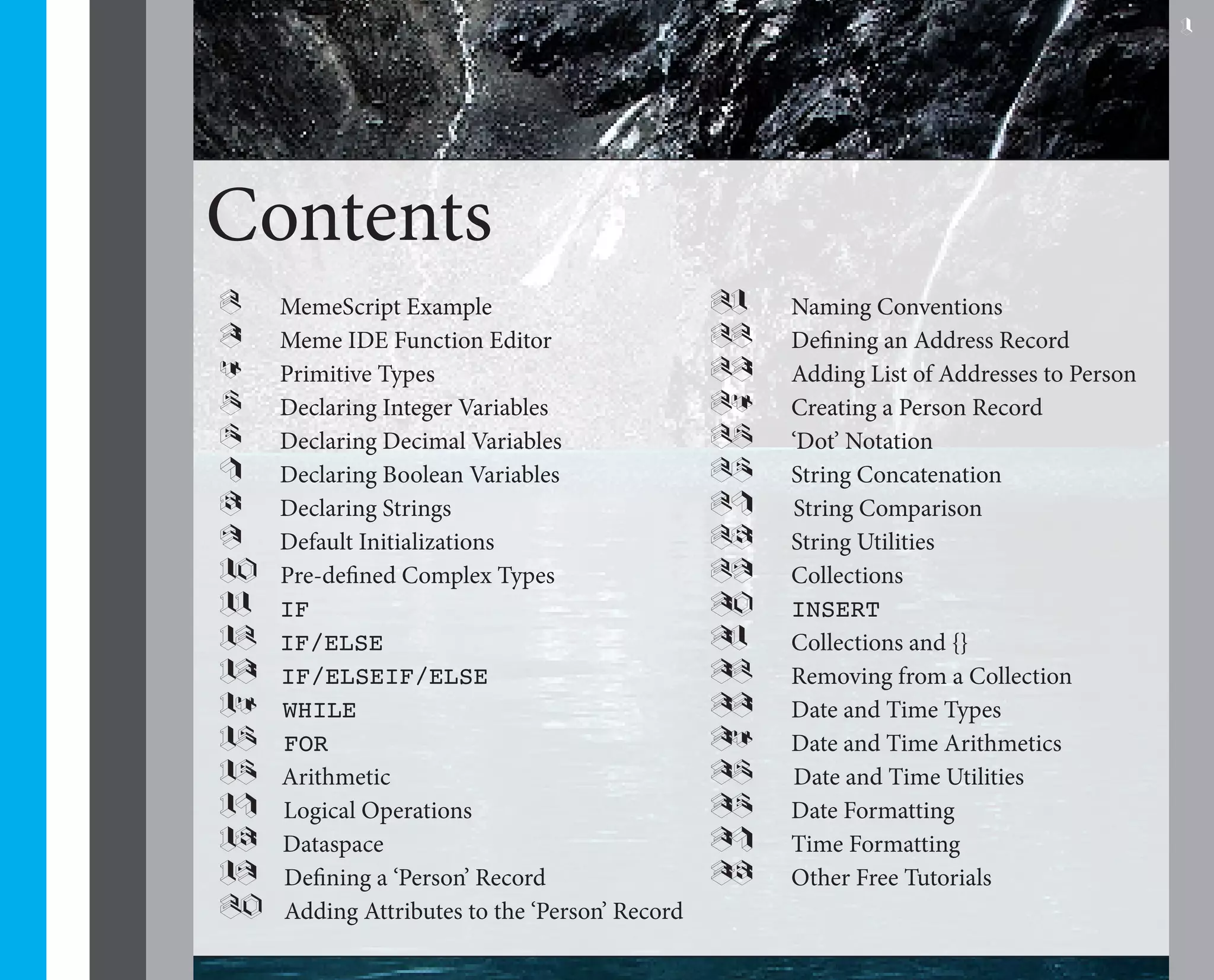 1




Contents
2    MemeScript Example                         21   Naming Conventions
3    Meme IDE Function Editor                   22   Defining an Address Record
4    Primitive Types                            23   Adding List of Addresses to Person
5    Declaring Integer Variables                24   Creating a Person Record
6    Declaring Decimal Variables                25   ‘Dot’ Notation
7    Declaring Boolean Variables                26   String Concatenation
8    Declaring Strings                          27   String Comparison
9    Default Initializations                    28   String Utilities
10   Pre-defined Complex Types                  29   Collections
11   IF                                         30   INSERT
12   IF/ELSE                                    31   Collections and {}
13   IF/ELSEIF/ELSE                             32   Removing from a Collection
14   WHILE                                      33   Date and Time Types
15   FOR                                        34   Date and Time Arithmetics
16   Arithmetic                                 35   Date and Time Utilities
17   Logical Operations                         36   Date Formatting
18   Dataspace                                  37   Time Formatting
19   Defining a ‘Person’ Record                 38   Other Free Tutorials
20   Adding Attributes to the ‘Person’ Record
 