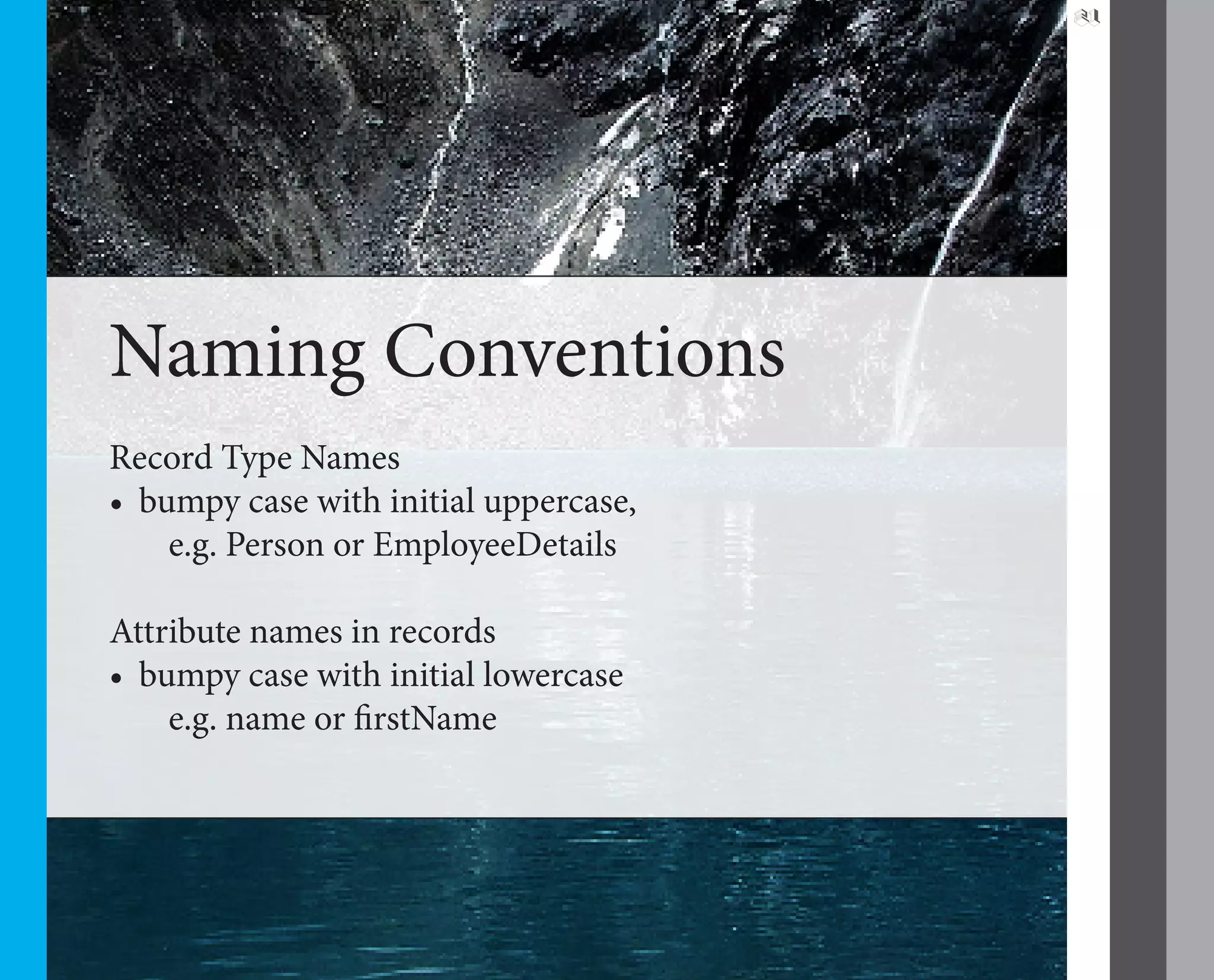 21




Naming Conventions
Record Type Names
•	 bumpy case with initial uppercase,
     e.g. Person or EmployeeDetails

Attribute names in records
•	 bumpy case with initial lowercase
     e.g. name or firstName
 