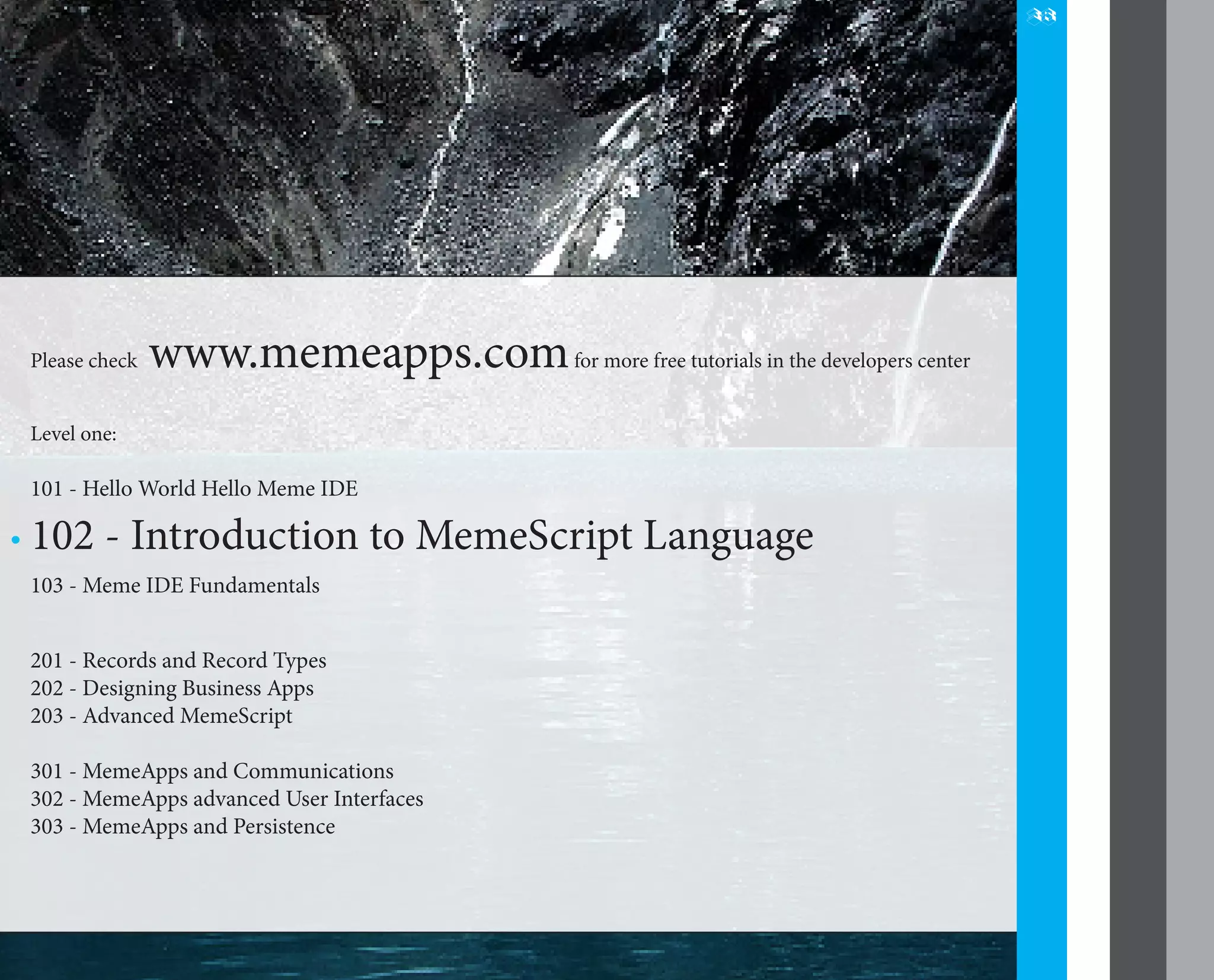 38




Please check   www.memeapps.com for more free tutorials in the developers center
Level one:

101 - Hello World Hello Meme IDE

102 - Introduction to MemeScript Language
103 - Meme IDE Fundamentals


201 - Records and Record Types
202 - Designing Business Apps
203 - Advanced MemeScript

301 - MemeApps and Communications
302 - MemeApps advanced User Interfaces
303 - MemeApps and Persistence
 