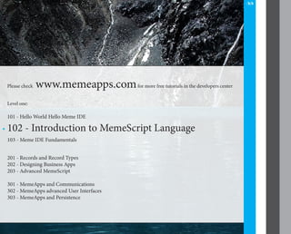 38




Please check   www.memeapps.com for more free tutorials in the developers center
Level one:

101 - Hello World Hello Meme IDE

102 - Introduction to MemeScript Language
103 - Meme IDE Fundamentals


201 - Records and Record Types
202 - Designing Business Apps
203 - Advanced MemeScript

301 - MemeApps and Communications
302 - MemeApps advanced User Interfaces
303 - MemeApps and Persistence
 