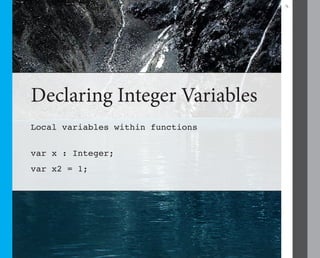 5




Declaring Integer Variables
Local variables within functions


var x : Integer;
var x2 = 1;
 