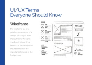 UI/UX Terms
Everyone Should Know
Wireframe
The wireframe is a low
detailed presentation of a
design. It is not just a set
of grey blocks, though it
may look that way. It’s a
skeleton of the design that
should contain all the
important elements of the
ﬁnal product.
 