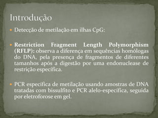  Detecção de metilação em ilhas CpG:
 Restriction Fragment Length Polymorphism
(RFLP): observa a diferença em sequências homólogas
do DNA, pela presença de fragmentos de diferentes
tamanhos após a digestão por uma endonuclease de
restrição específica.
 PCR específica de metilação usando amostras de DNA
tratadas com bissulfito e PCR alelo-específica, seguida
por eletroforose em gel.
 