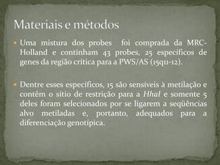  Uma mistura dos probes foi comprada da MRC-
Holland e continham 43 probes, 25 específicos de
genes da região crítica para a PWS/AS (15q11-12).
 Dentre esses específicos, 15 são sensíveis à metilação e
contêm o sítio de restrição para a HhaI e somente 5
deles foram selecionados por se ligarem a seqüências
alvo metiladas e, portanto, adequados para a
diferenciação genotípica.
 