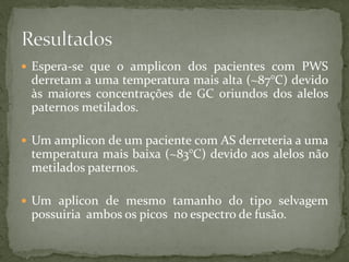  Espera-se que o amplicon dos pacientes com PWS
derretam a uma temperatura mais alta (~87°C) devido
às maiores concentrações de GC oriundos dos alelos
paternos metilados.
 Um amplicon de um paciente com AS derreteria a uma
temperatura mais baixa (~83°C) devido aos alelos não
metilados paternos.
 Um aplicon de mesmo tamanho do tipo selvagem
possuiria ambos os picos no espectro de fusão.
 