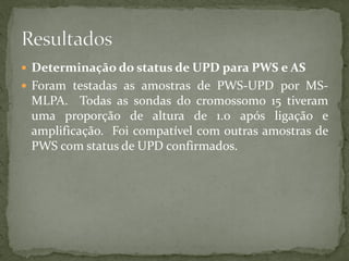  Determinação do status de UPD para PWS e AS
 Foram testadas as amostras de PWS-UPD por MS-
MLPA. Todas as sondas do cromossomo 15 tiveram
uma proporção de altura de 1.0 após ligação e
amplificação. Foi compatível com outras amostras de
PWS com status de UPD confirmados.
 