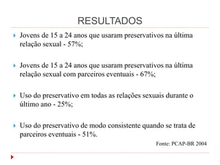 RESULTADOS
 Jovens de 15 a 24 anos que usaram preservativos na última
relação sexual - 57%;
 Jovens de 15 a 24 anos que usaram preservativos na última
relação sexual com parceiros eventuais - 67%;
 Uso do preservativo em todas as relações sexuais durante o
último ano - 25%;
 Uso do preservativo de modo consistente quando se trata de
parceiros eventuais - 51%.
Fonte: PCAP-BR 2004
 