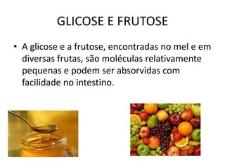GLICOSE E FRUTOSEA glicose e a frutose, encontradas no mel e em diversas frutas, são moléculas relativamente pequenas e podem ser absorvidas com facilidade no intestino.