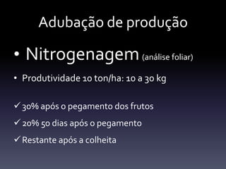 Adubação de produção

• Nitrogenagem (análise foliar)
• Produtividade 10 ton/ha: 10 a 30 kg

 30% após o pegamento dos frutos
 20% 50 dias após o pegamento
 Restante após a colheita
 
