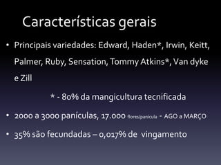 Características gerais
• Principais variedades: Edward, Haden*, Irwin, Keitt,
  Palmer, Ruby, Sensation, Tommy Atkins*, Van dyke
  e Zill

             * - 80% da mangicultura tecnificada

• 2000 a 3000 panículas, 17.000 flores/panícula - AGO a MARÇO

• 35% são fecundadas – 0,017% de vingamento
 