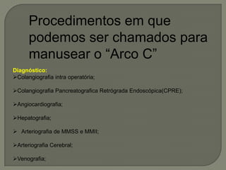 Procedimentos em que
podemos ser chamados para
manusear o “Arco C”
Diagnóstico:
Colangiografia intra operatória;
Colangiografia Pancreatografica Retrógrada Endoscópica(CPRE);
Angiocardiografia;
Hepatografia;
 Arteriografia de MMSS e MMII;
Arteriografia Cerebral;
Venografia;
 