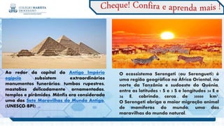 Ao redor da capital do Antigo Império
egípcio subsistem extraordinários
monumentos funerários: tumbas rupestres,
mastabas delicadamente ornamentadas,
templos e pirâmides. Mênfis era considerada
uma das Sete Maravilhas do Mundo Antigo.
(UNESCO/BPI)
O ecossistema Serengeti (ou Serengueti) é
uma região geográfica na África Oriental, no
norte da Tanzânia e sudoeste do Quénia,
entre as latitudes 1 S e 3 S e longitudes 34 E e
36 E, cobrindo cerca de 30000 km2.
O Serengeti abriga a maior migração animal
de mamíferos do mundo, uma das
maravilhas do mundo natural.
 