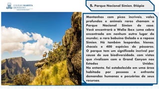 Montanhas com picos incríveis, vales
profundos e animais raros chamam o
Parque Nacional Simien de casa.
Você encontrará o Walia ibex (uma cabra
encontrada em nenhum outro lugar do
mundo), o raro babuíno Gelado e a raposa
Simien. Há também leopardos, hienas,
chacais e 400 espécies de pássaros.
O parque tem um significado incrível por
causa de sua biodiversidade, com vistas
que rivalizam com o Grand Canyon nos
Estados Unidos.
No entanto, foi estabelecido em uma área
habitada por pessoas e enfrenta
demandas humanas e pecuárias de seus
recursos.
5. Parque Nacional Simien, Etiópia
 