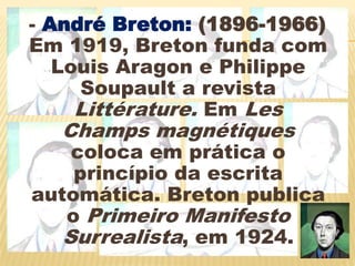 - André Breton: (1896-1966) Em 1919, Breton funda com Louis Aragon e Philippe Soupault a revista Littérature. Em Les Champs magnétiques coloca em prática o princípio da escrita automática. Breton publica o Primeiro Manifesto Surrealista, em 1924.