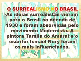 O surrealismo no brasil-As ideias surrealistas vieram para o Brasil na década de 1930 e foram absorvidas pelo movimento Modernista. A pintora Tarsila do Amaral e o escritor Ismael Nery foram os mais influenciados. 