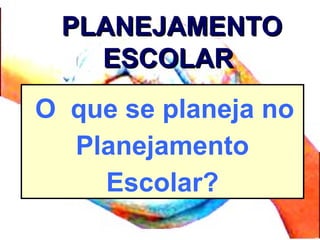PLANEJAMENTOPLANEJAMENTO
ESCOLARESCOLAR
O que se planeja no
Planejamento
Escolar?
 