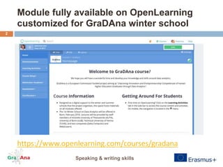 Module fully available on OpenLearning
customized for GraDAna winter school
https://www.openlearning.com/courses/gradana
2
Speaking & writing skills
 