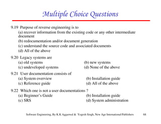 68
Software Engineering, By K.K Aggarwal & Yogesh Singh, New Age International Publishers
9.19 Purpose of reverse engineering is to
(a) recover information from the existing code or any other intermediate
document
(b) redocumentation and/or document generation
(c) understand the source code and associated documents
(d) All of the above
9.20 Legacy systems are
(a) old systems (b) new systems
(c) undeveloped systems (d) None of the above
9.21 User documentation consists of
(a) System overview (b) Installation guide
(c) Reference guide (d) All of the above
9.22 Which one is not a user documentations ?
(a) Beginner’s Guide (b) Installation guide
(c) SRS (d) System administration
 