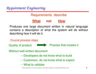 2
Software Engineering (3rd ed.), By K.K Aggarwal & Yogesh Singh, Copyright © New Age International Publishers, 2007
Quality of product
Without well written document
-- Developers do not know what to build
-- Customers do not know what to expect
-- What to validate
Requirements describe
What not How
Produces one large document written in natural language
contains a description of what the system will do without
describing how it will do it.
Process that creates it
Crucial process steps
 