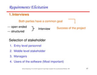 17
Software Engineering (3rd ed.), By K.K Aggarwal & Yogesh Singh, Copyright © New Age International Publishers, 2007
1.Interviews
Both parties have a common goal
Interview
Selection of stakeholder
1. Entry level personnel
2. Middle level stakeholder
3. Managers
4. Users of the software (Most important)
Success of the project
--- open ended
--- structured
 