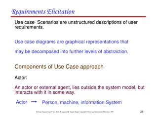 28
Software Engineering (3rd ed.), By K.K Aggarwal & Yogesh Singh, Copyright © New Age International Publishers, 2007
Use case Scenarios are unstructured descriptions of user
requirements.
Use case diagrams are graphical representations that
may be decomposed into further levels of abstraction.
Components of Use Case approach
Actor:
An actor or external agent, lies outside the system model, but
interacts with it in some way.
Actor Person, machine, information System
 