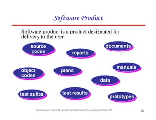 Software Engineering (3rd ed.), By K.K Aggarwal & Yogesh Singh, Copyright © New Age International Publishers, 2007
26
Software product is a product designated for
delivery to the user
source
codes
source
codes
object
codes
object
codes
plans
plans
reports
reports
manuals
manuals
documents
documents
test suites
test suites
prototypes
prototypes
data
data
test results
test results
$
$
$
$
 
