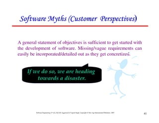 Software Engineering (3rd ed.), By K.K Aggarwal & Yogesh Singh, Copyright © New Age International Publishers, 2007
41
A general statement of objectives is sufficient to get started with
the development of software. Missing/vague requirements can
easily be incorporated/detailed out as they get concretized.
' %
' %
' %
' % )
 