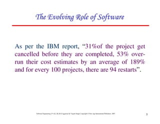 Software Engineering (3rd ed.), By K.K Aggarwal & Yogesh Singh, Copyright © New Age International Publishers, 2007
5
As per the IBM report, “31%of the project get
cancelled before they are completed, 53% over-
run their cost estimates by an average of 189%
and for every 100 projects, there are 94 restarts”.
 