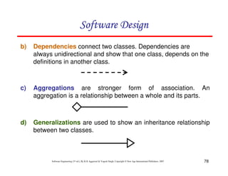 78
Software Engineering (3rd ed.), By K.K Aggarwal & Yogesh Singh, Copyright © New Age International Publishers, 2007
b) Dependencies connect two classes. Dependencies are
always unidirectional and show that one class, depends on the
definitions in another class.
c) Aggregations are stronger form of association. An
aggregation is a relationship between a whole and its parts.
d) Generalizations are used to show an inheritance relationship
between two classes.
 