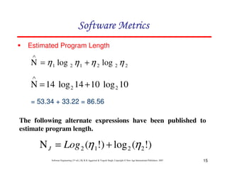 15
Software Engineering (3rd ed.), By K.K Aggarwal & Yogesh Singh, Copyright © New Age International Publishers, 2007
Estimated Program Length
2
2
2
1
2
1 log
log η
η
η
η +
=
Ν
∧
10
log
10
14
log
14 2
2 +
=
Ν
∧
= 53.34 + 33.22 = 86.56
)
!
(
log
)
!
( 2
2
1
2 η
η +
=
Ν Log
J
The following alternate expressions have been published to
estimate program length.
 
