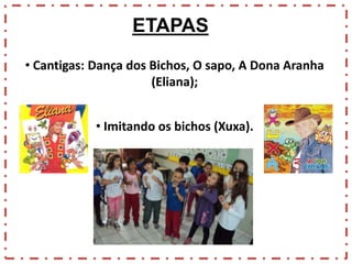 ETAPAS
• Cantigas: Dança dos Bichos, O sapo, A Dona Aranha
(Eliana);
• Imitando os bichos (Xuxa).

 