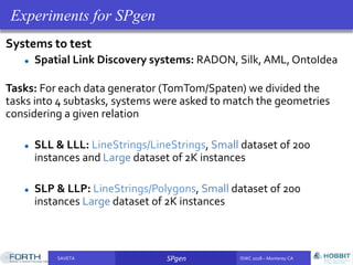 SAVETA SPgen ISWC 2018 – Monterey CASAVETA SPgen ISWC 2018 – Monterey CA
Systems to test
Spatial Link Discovery systems: RADON, Silk, AML, OntoIdea
Tasks: For each data generator (TomTom/Spaten) we divided the
tasks into 4 subtasks, systems were asked to match the geometries
considering a given relation
SLL & LLL: LineStrings/LineStrings, Small dataset of 200
instances and Large dataset of 2K instances
SLP & LLP: LineStrings/Polygons, Small dataset of 200
instances Large dataset of 2K instances
Experiments for SPgen
 