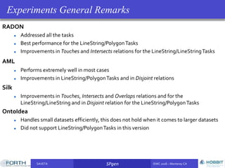 SAVETA SPgen ISWC 2018 – Monterey CASAVETA SPgen ISWC 2018 – Monterey CA
RADON
Addressed all the tasks
Best performance for the LineString/PolygonTasks
Improvements in Touches and Intersects relations for the LineString/LineStringTasks
AML
Performs extremely well in most cases
Improvements in LineString/PolygonTasks and in Disjoint relations
Silk
Improvements in Touches, Intersects and Overlaps relations and for the
LineString/LineString and in Disjoint relation for the LineString/PolygonTasks
OntoIdea
Handles small datasets efficiently, this does not hold when it comes to larger datasets
Did not support LineString/PolygonTasks in this version
Experiments General Remarks
 