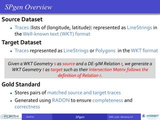 SAVETA SPgen ISWC 2018 – Monterey CASAVETA SPgen ISWC 2018 – Monterey CA
Source Dataset
Traces (lists of (longitude, latitude)) represented as LineStrings in
the Well-known text (WKT) format
Target Dataset
Traces represented as LineStrings or Polygons in the WKT format
Gold Standard
Stores pairs of matched source and target traces
Generated using RADON to ensure completeness and
correctness
SPgen Overview
Given aWKT Geometry s as source and a DE-9IM Relation r, we generate a
WKT Geometry t as target such as their Intersection Matrix follows the
definition of Relation r.
 