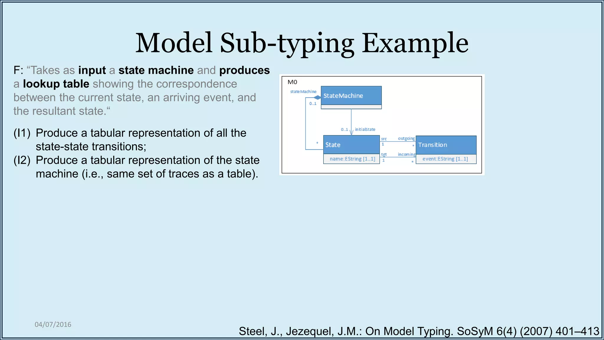 Model Sub-typing Example
04/07/2016
Steel, J., Jezequel, J.M.: On Model Typing. SoSyM 6(4) (2007) 401–413
F: “Takes as input a state machine and produces
a lookup table showing the correspondence
between the current state, an arriving event, and
the resultant state.“
(I1) Produce a tabular representation of all the
state-state transitions;
(I2) Produce a tabular representation of the state
machine (i.e., same set of traces as a table).
 