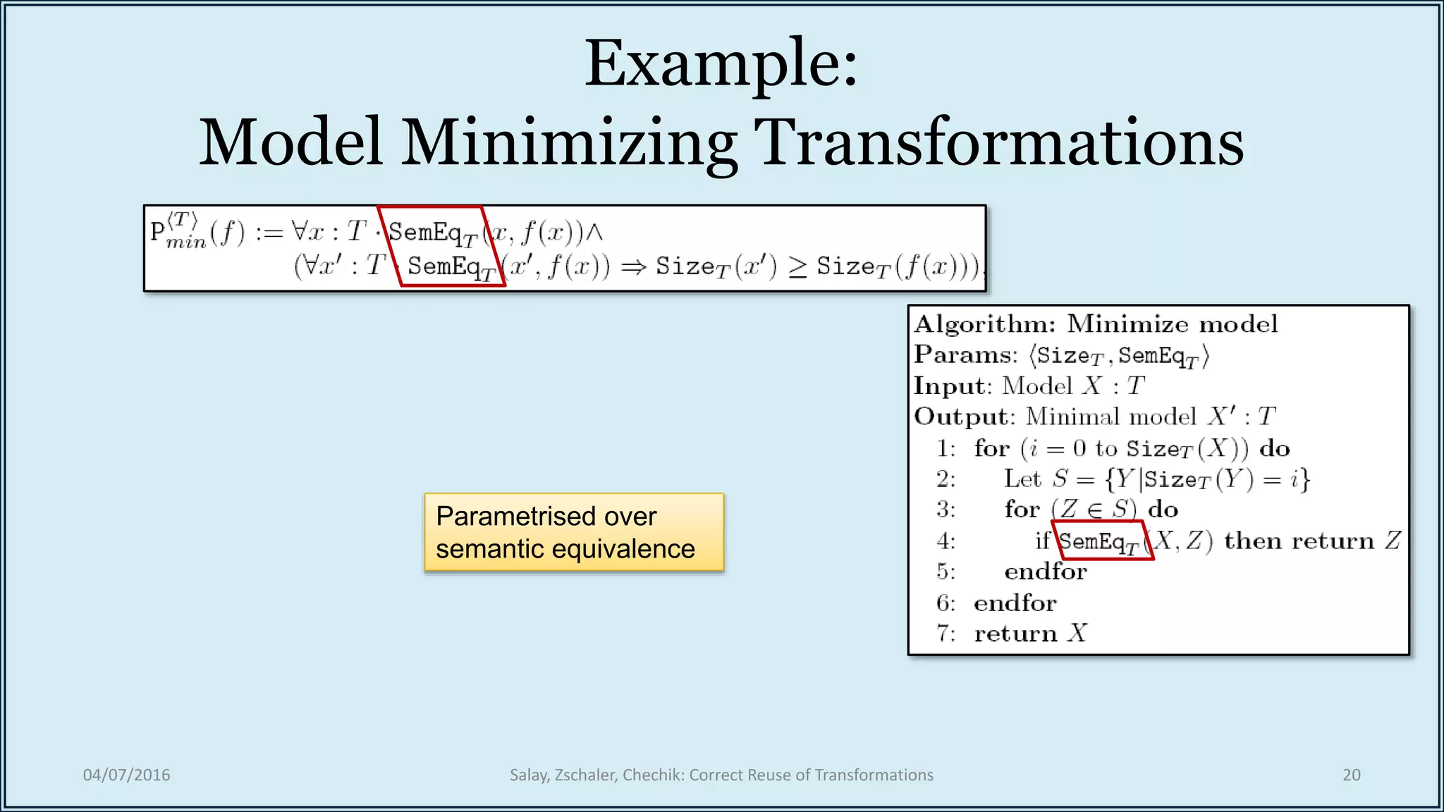Example:
Model Minimizing Transformations
04/07/2016 Salay, Zschaler, Chechik: Correct Reuse of Transformations 20
Parametrised over
semantic equivalence
 