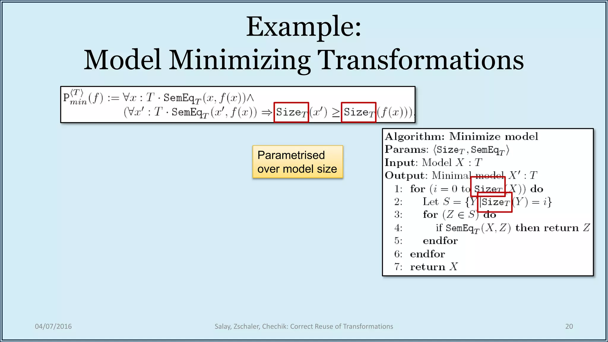 Example:
Model Minimizing Transformations
04/07/2016 Salay, Zschaler, Chechik: Correct Reuse of Transformations 20
Parametrised
over model size
 