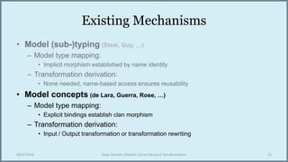 Existing Mechanisms
• Model concepts (de Lara, Guerra, Rose, …)
– Model type mapping:
• Explicit bindings establish clan m...