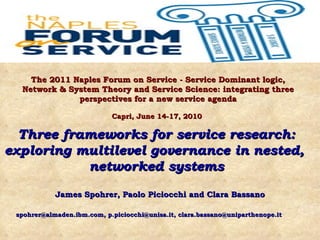 Three frameworks for service research: exploring multilevel governance in nested,  networked systems The 2011 Naples Forum on Service - Service Dominant logic, Network & System Theory and Service Science: integrating three perspectives for a new service agenda Capri, June 14-17, 2010  James Spohrer, Paolo Piciocchi and Clara Bassano spohrer@almaden.ibm.com, p.piciocchi@unisa.it, clara.bassano@uniparthenope.it  